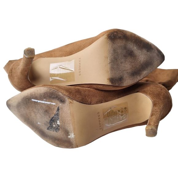 Express SZ 6 Brown Faux Suede Pull On Heeled Slouch Paper Bag Ankle Bootie Boots - Picture 13 of 14